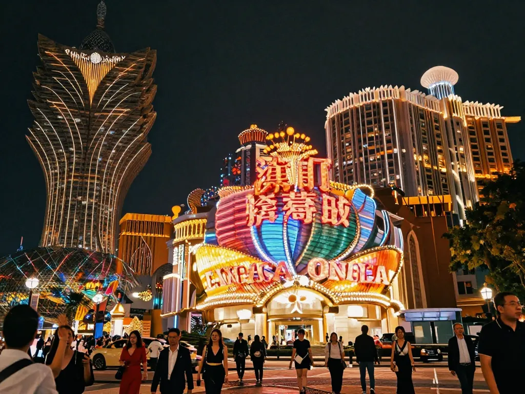 Toto Macau pemandangan kota yang hidup menampilkan kehidupan kasino yang meriah dan kegembiraan di malam hari.