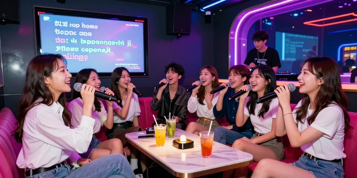 Friends enjoying 강남가라오케 in a lively venue with vibrant lighting and karaoke fun.