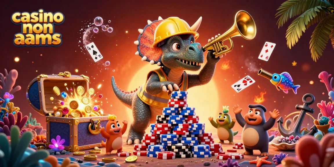 Gioca nei casino non AAMS con i migliori bonus mentre un triceratopo costruisce una piramide di chips.