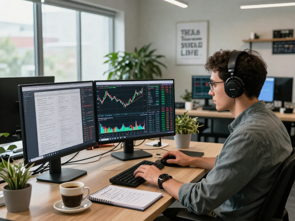 TradingView analysis with trader in modern office analyzing stock and crypto data.
