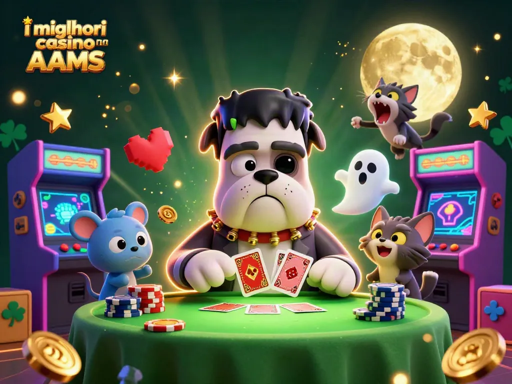 I migliori casino non AAMS: Un bulldog mostruoso gioca a carte con un topo fantasma e un gattino lupo in un'illustrazione da sogno