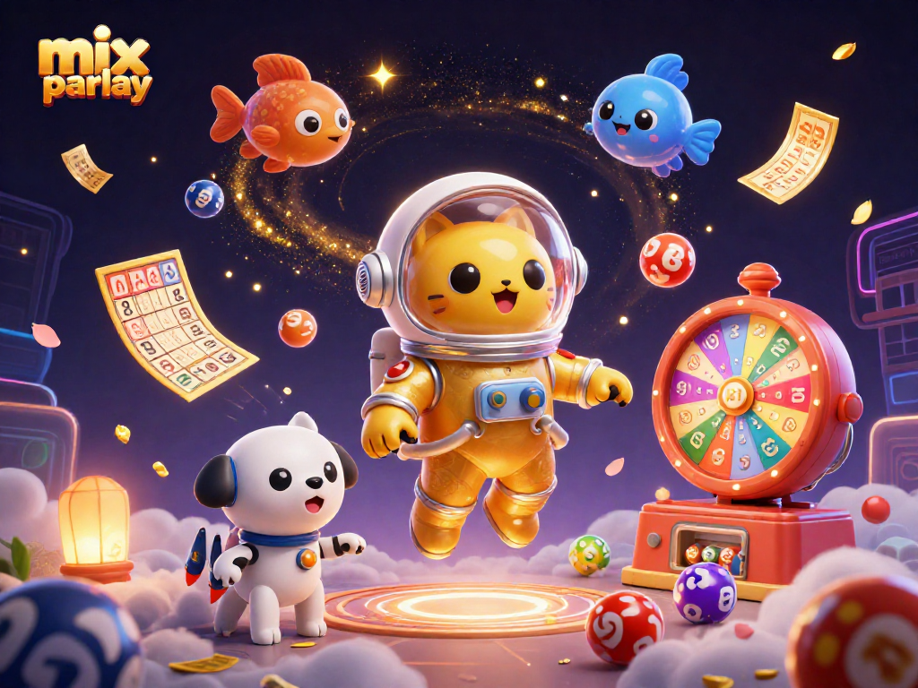 Engage with mix parlay game features as robotic dog and astronaut explore a vibrant lottery scene.
