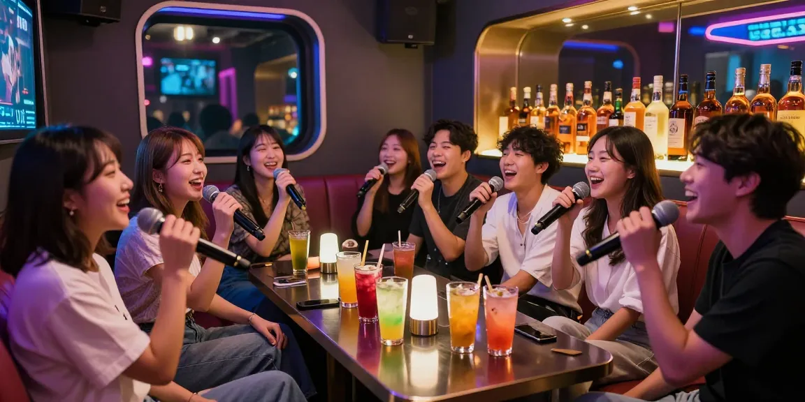 Friends enjoying 제주도유흥 karaoke night in a vibrant bar with colorful drinks and neon lights.