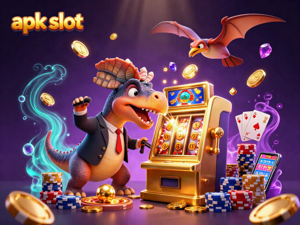 Experience excitement with the apk slot, featuring a dinosaur jackpot scene with cascading coins and animated casino action.