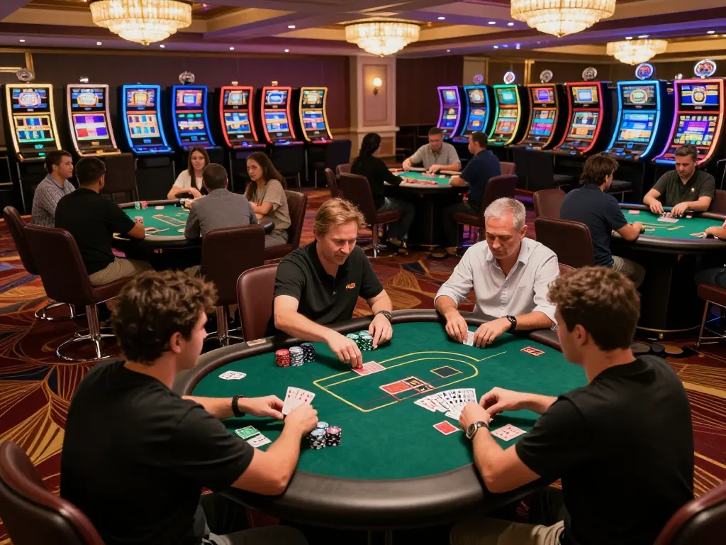 Players enjoying poker at 888top casino table during a lively gaming night.