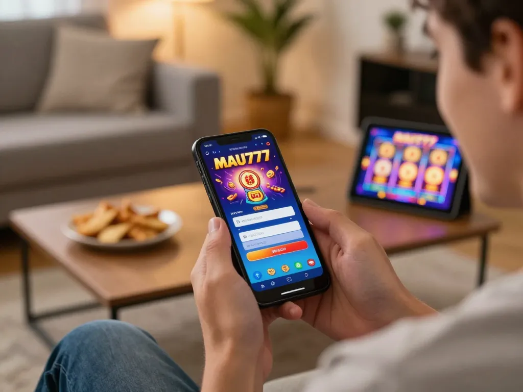 Engaged player accessing MAU777 login for online slot gaming in a cozy home environment.
