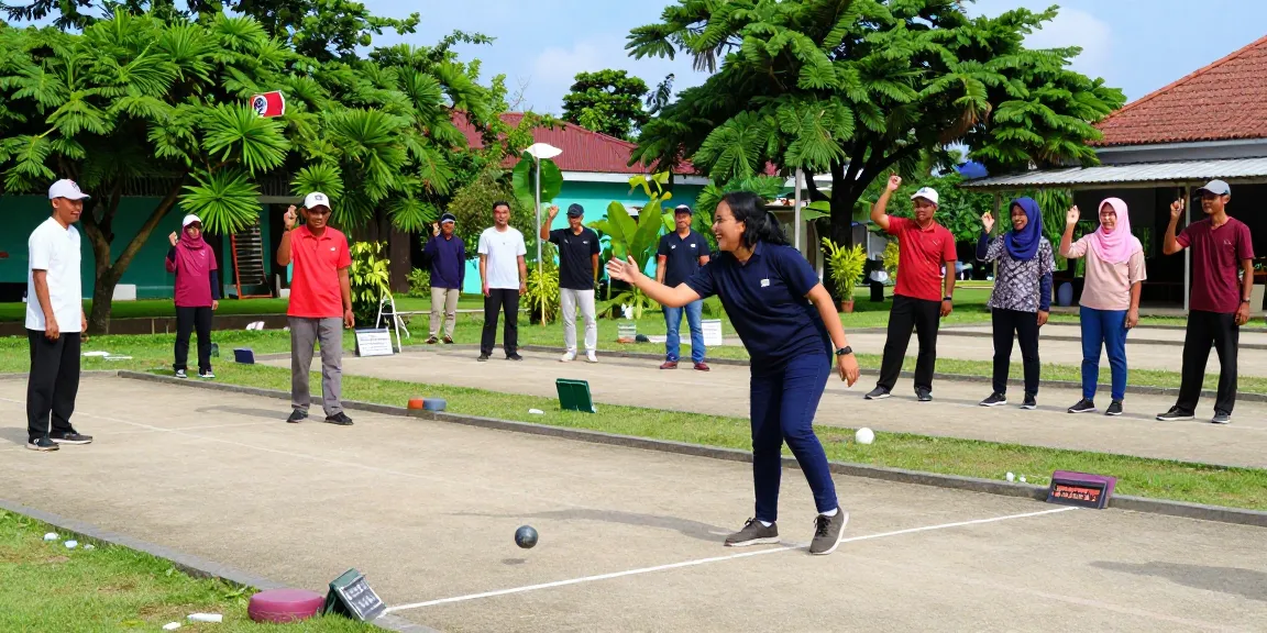 Suasana ramah di lapangan petanque FOPI Kota Banjarbaru, menampilkan pemain bersenang-senang dan berkompetisi sambil merayakan olahraga petanque fopikotabanjarba.org.