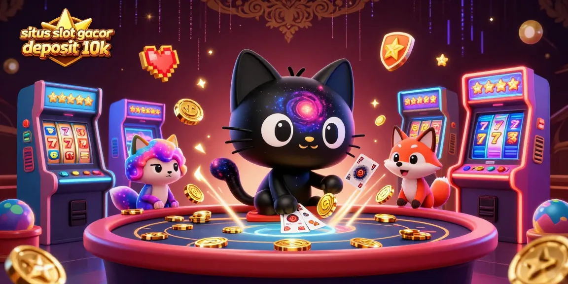 Sparkling cosmic casino scene featuring the site "situs slot gacor deposit 10k" with a black hole cat and nebula fox.