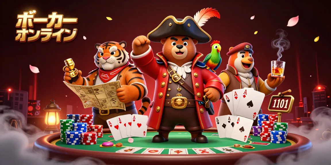 ポーカーオンラインで勝利するための戦略を駆使する、キャラクター達が賑やかに映るイラスト