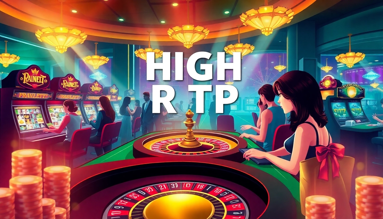A vibrant casino scene featuring high RTP Pragmatic Play slot machines and engaged players at the tables.