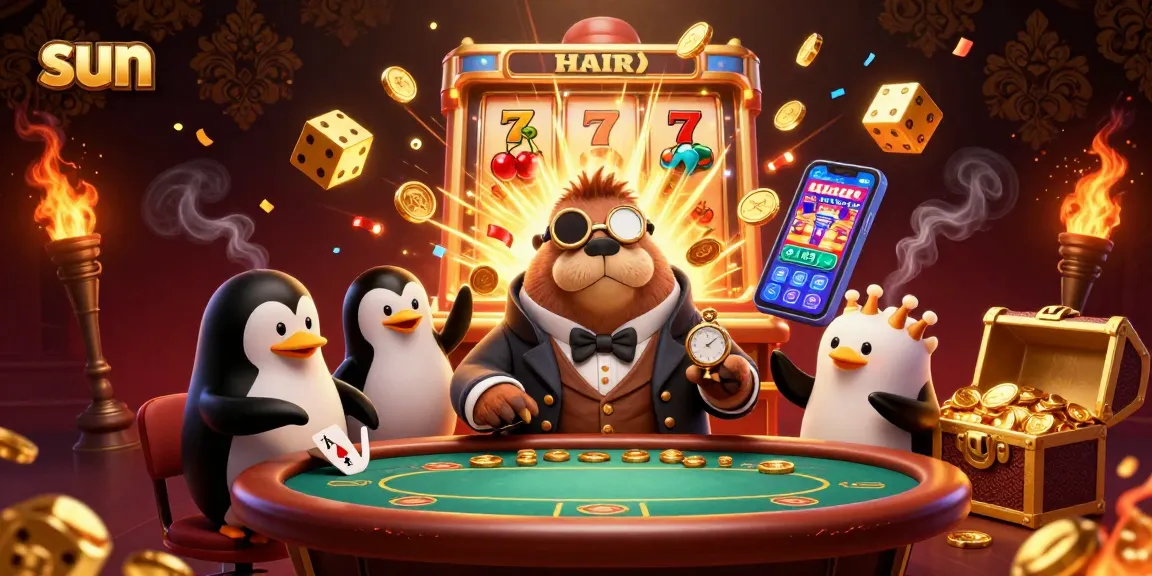 Engage with the exciting sun-themed casino scene featuring a walrus and vibrant slot machine.