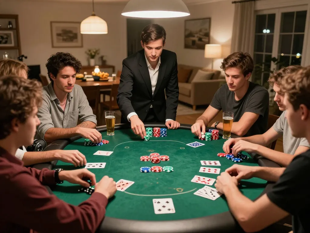 Friends enjoy a lively poker game night at home, with F168 chips and cards visible on the table.