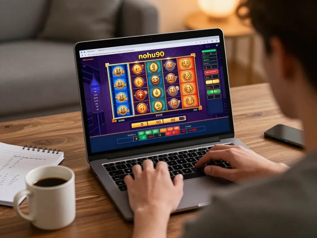 Nohu90 player enjoying slots in a cozy home office, showcasing strategic online gaming.