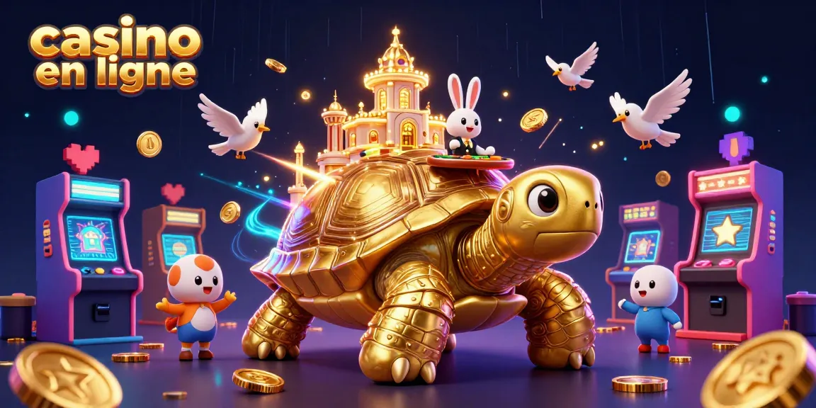 Joue sur des jeux de casino en ligne dans une illustration vibrante avec une tortue dorée et un croupier.