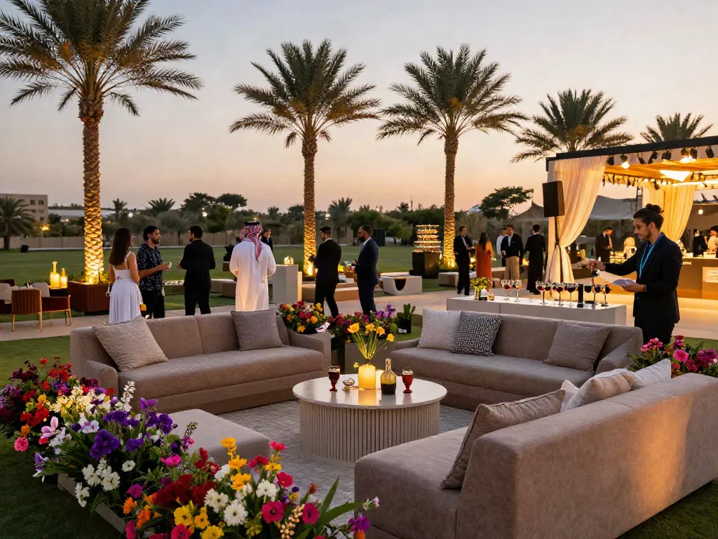 Event furniture rental showcasing luxurious outdoor setup with elegant seating and tables.