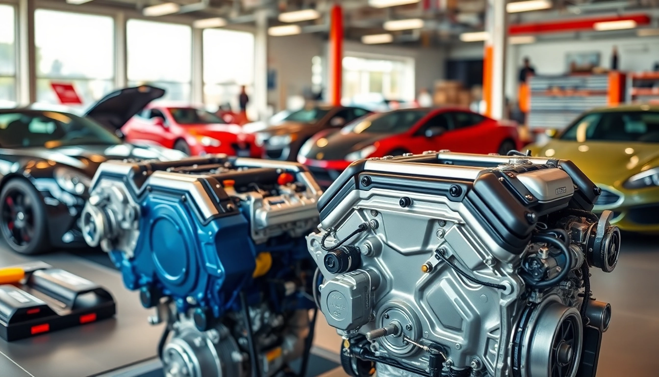 Showcase of used engines in a professional automotive setting with intricate details.