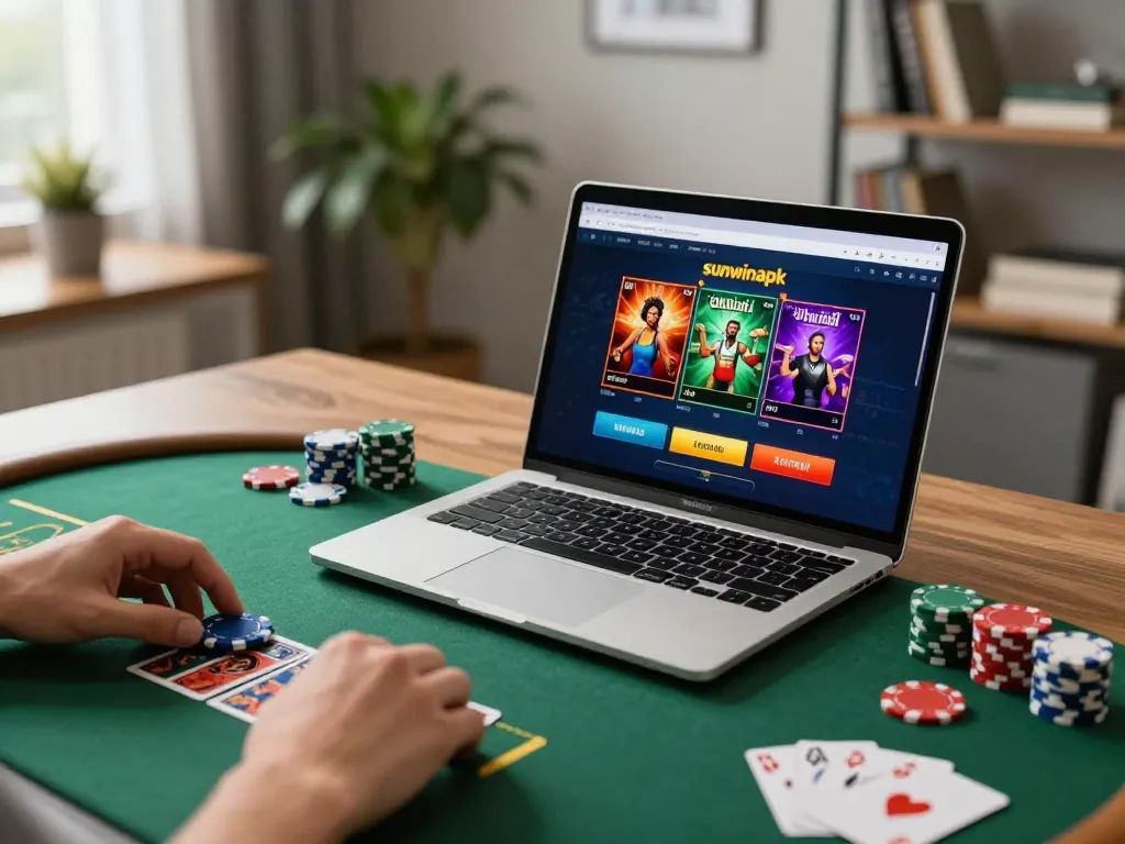 Engaging online gaming with sunwinapk showcasing vibrant gaming interface and cozy home setup.