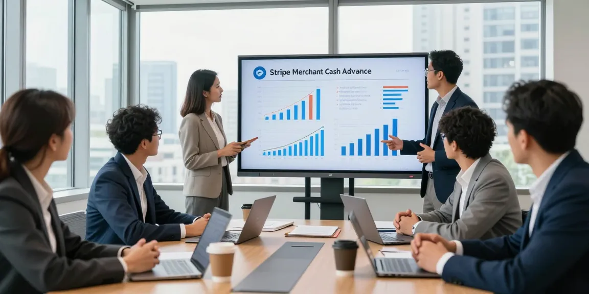 Team discussing Stripe merchant cash advance strategies in a modern conference room