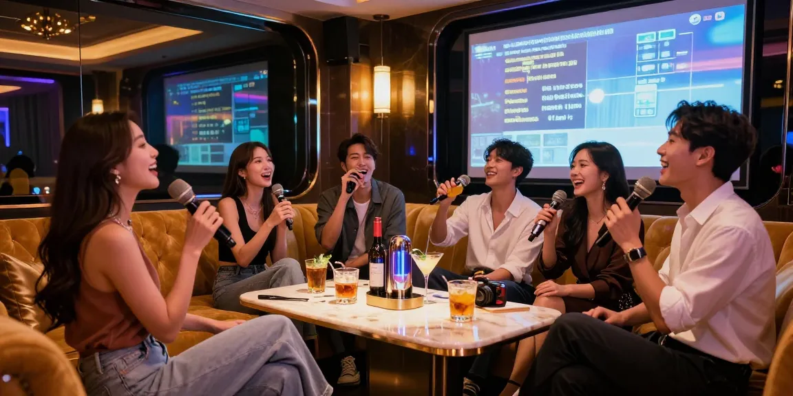 A lively karaoke scene at https://www.gangnamtune.com/, showcasing stylish interior and young adults enjoying drinks and music in Gangnam's vibrant nightlife.