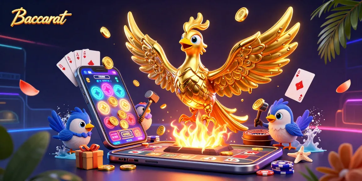 Baccarat-themed illustration featuring a golden phoenix and gaming elements, showcasing vibrant casino action.