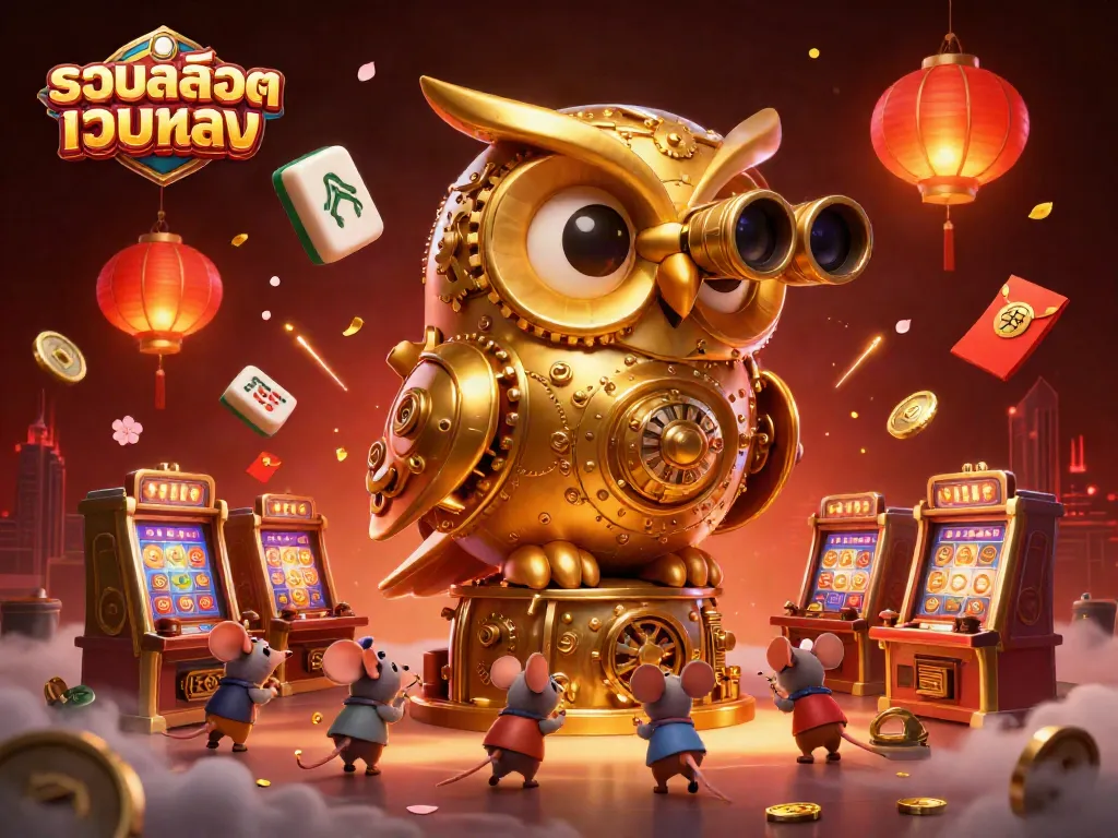 Experience a vibrant scene of รวมสล็อตเว็บตรง with a golden owl and whimsical mice amidst dynamic casino elements.