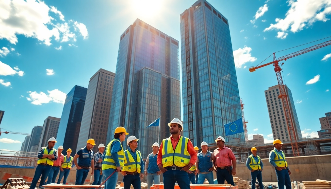 New York General Contractor collaborating with diverse workers on an urban construction site.