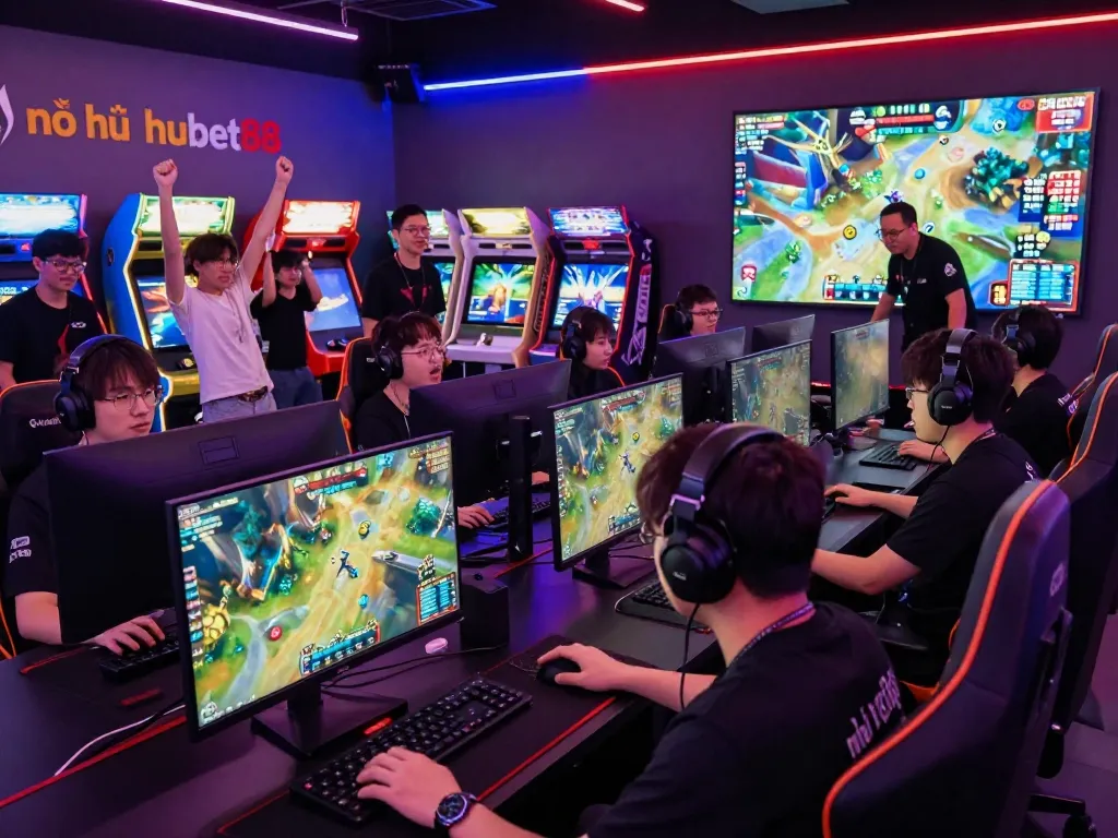 Intense gaming scene featuring players engaged in nổ hũ hubet88 esports competition, vibrant arena atmosphere with cheering crowd.