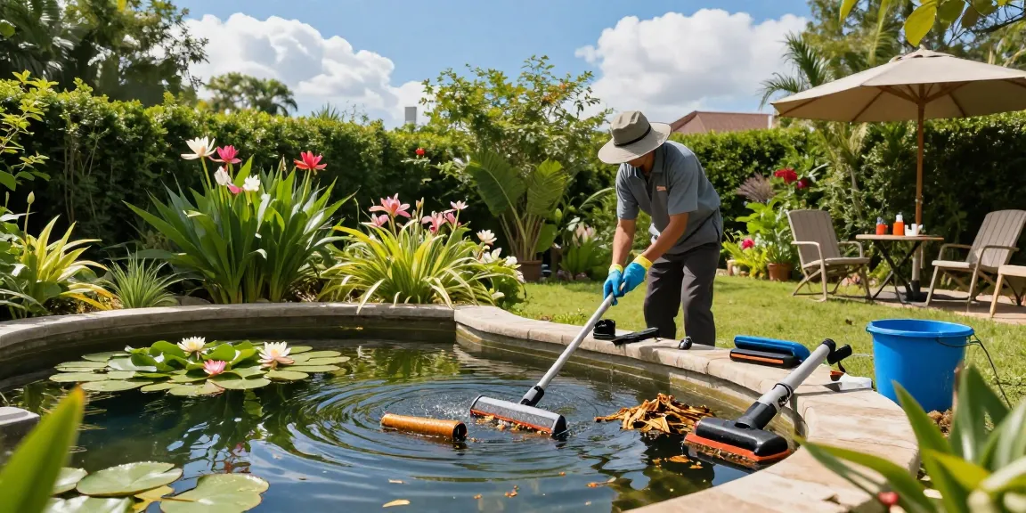 Pond Cleaning Essex: Professional technician cleaning a tranquil backyard pond surrounded by lush greenery.