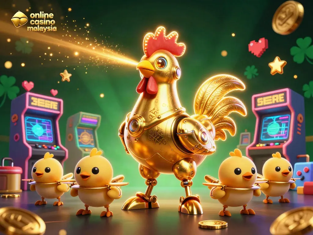 Experience online casino malaysia thrills with a dynamic golden rooster robot and baby chick drones amidst glowing arcade elements.