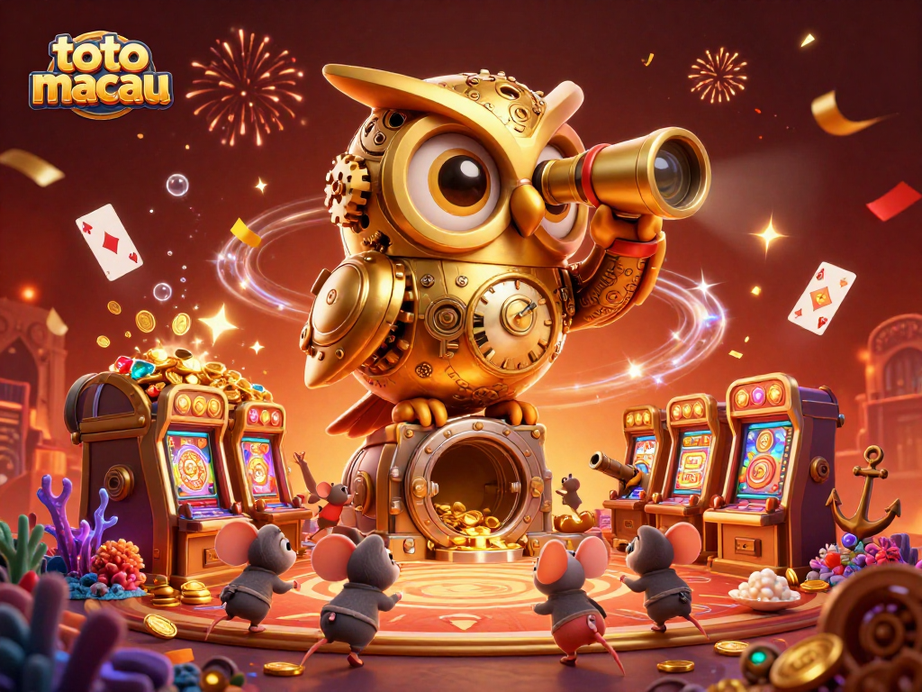 Spin through the vibrant toto macau casino scene with a golden owl and lively mouse patrons amidst colorful chaos.