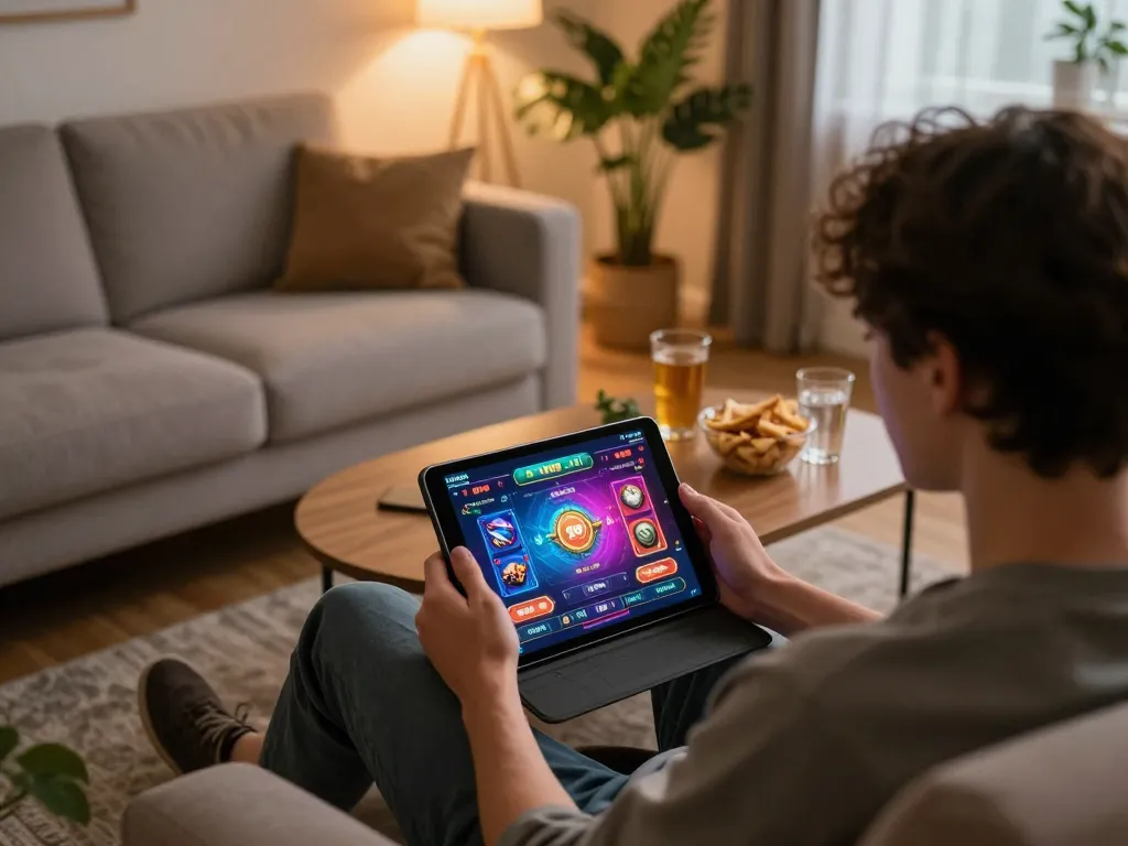 Engaged player on F168 tablet enjoying online gaming in cozy home atmosphere.