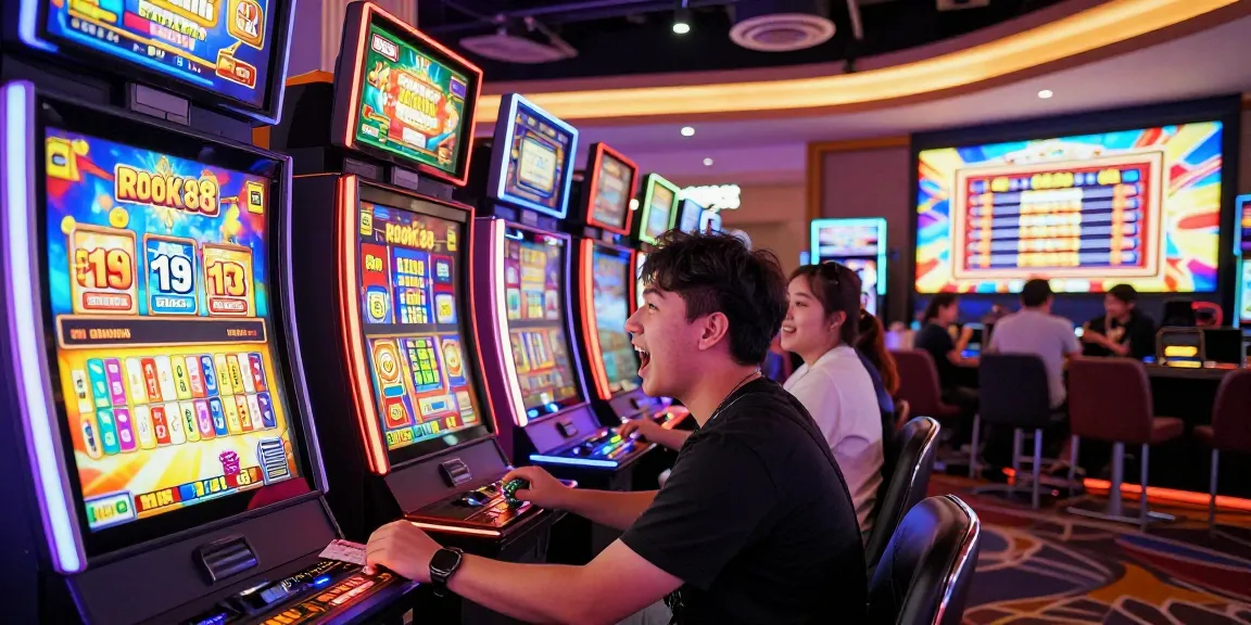 Exciting gameplay at a rokok88 slot machine in a lively casino environment, capturing the thrill and colorful lights.