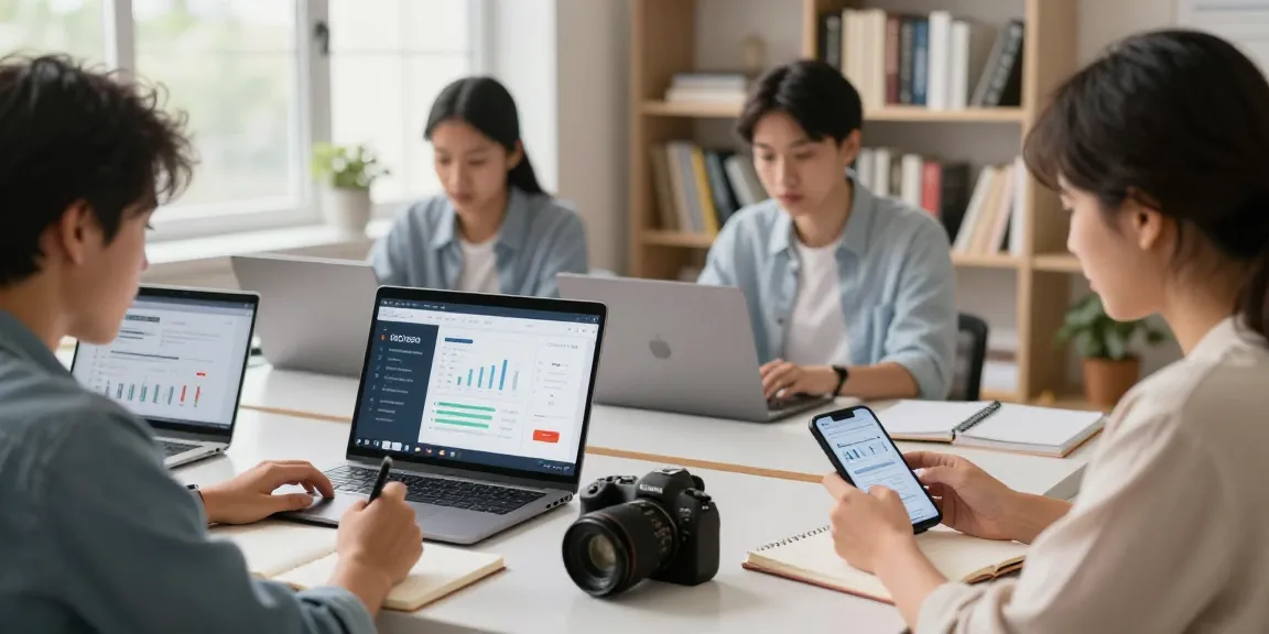 Learn digital marketing online with a diverse group studying in a bright, collaborative space.