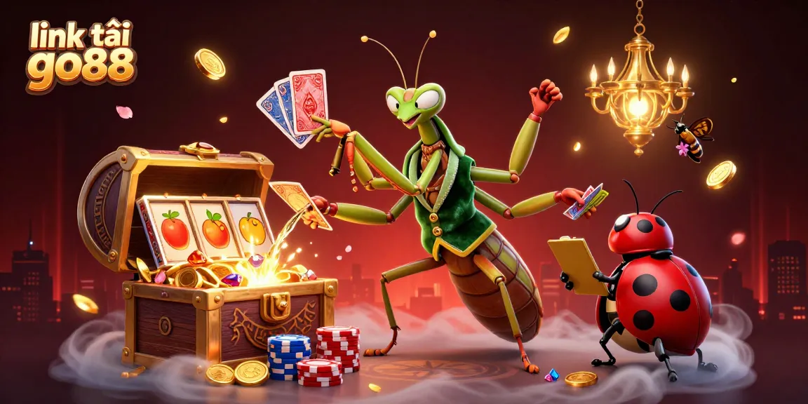 Engage in thrilling gameplay with link tải go88 as the giant mantis deals cards amid dazzling casino symbols.