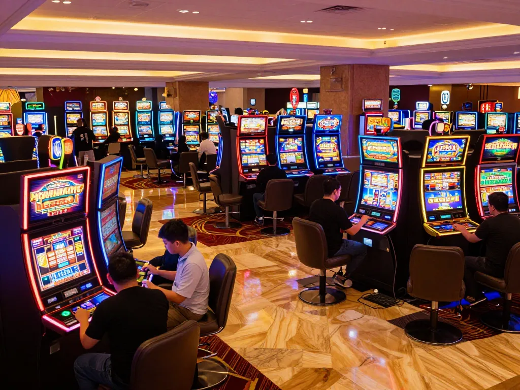 Pemain terlibat dengan mesin slot gacor di suasana kasino yang hidup, menunjukkan kegembiraan dan peluang menang