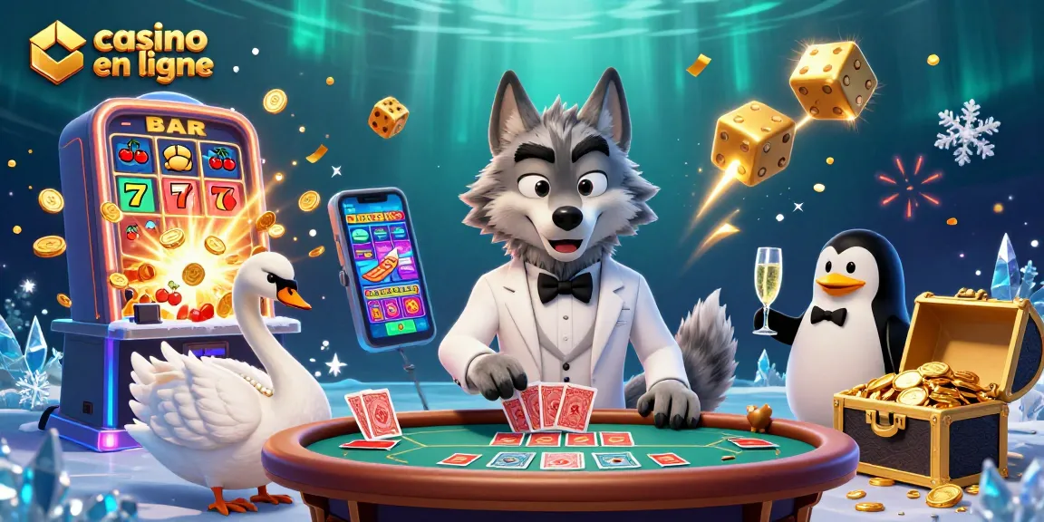 Jouez au casino en ligne avec le loup élégant, le cygne qui distribue les cartes et le pingouin sommelier.