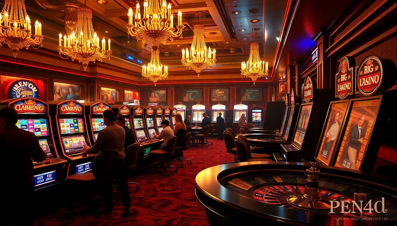 Experience the excitement of pen4d slot games with vibrant machines and happy gamblers in a lively casino.