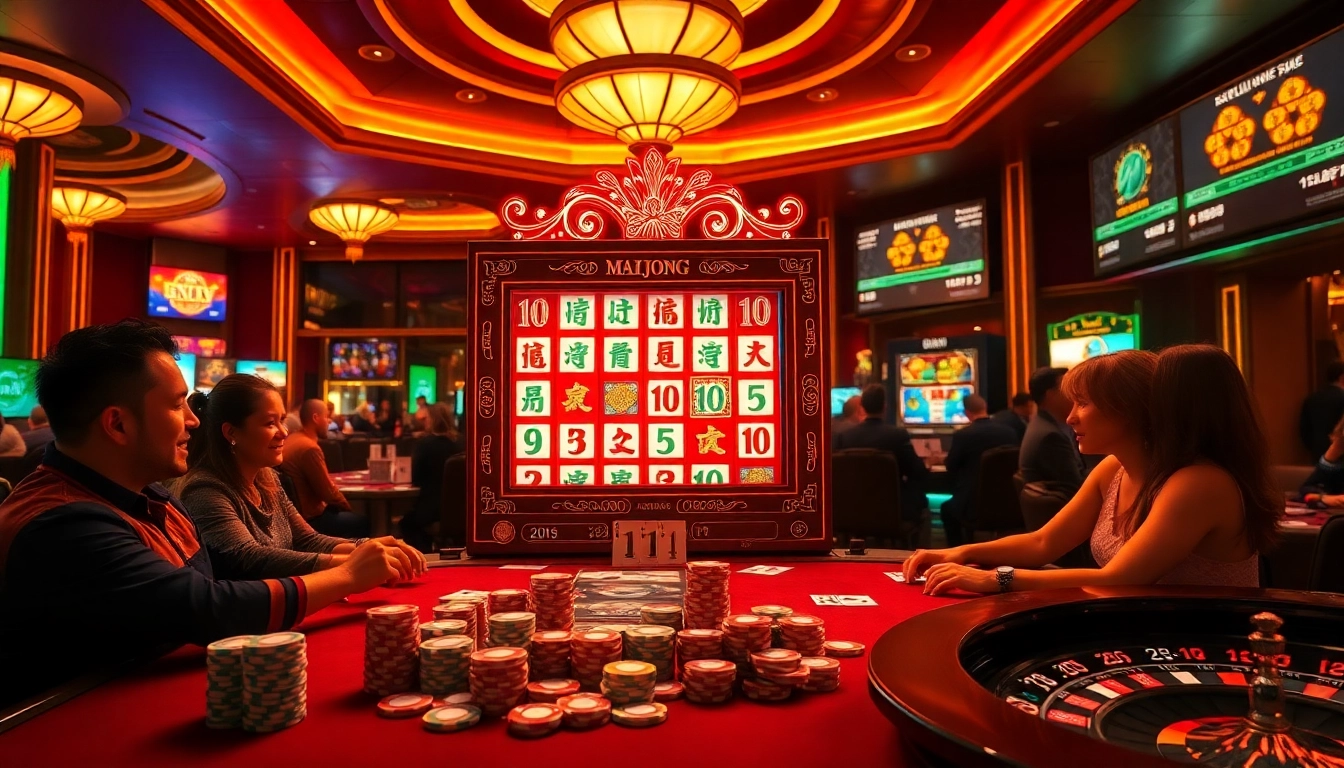 Engage with the mahjong slot demo at a vibrant casino with slot machines and poker chips.