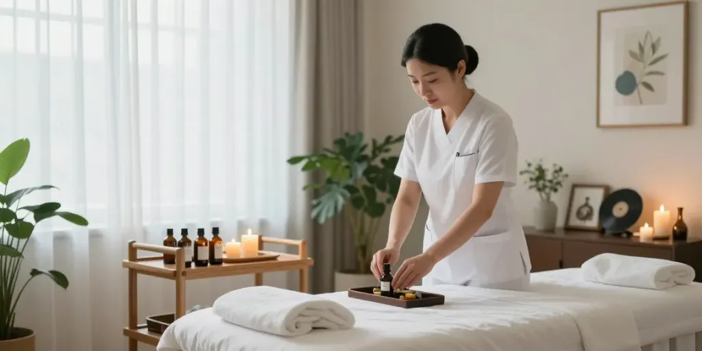 Relaxing 동대문출장마사지 room with therapist preparing aromatic oils and tranquil ambiance.