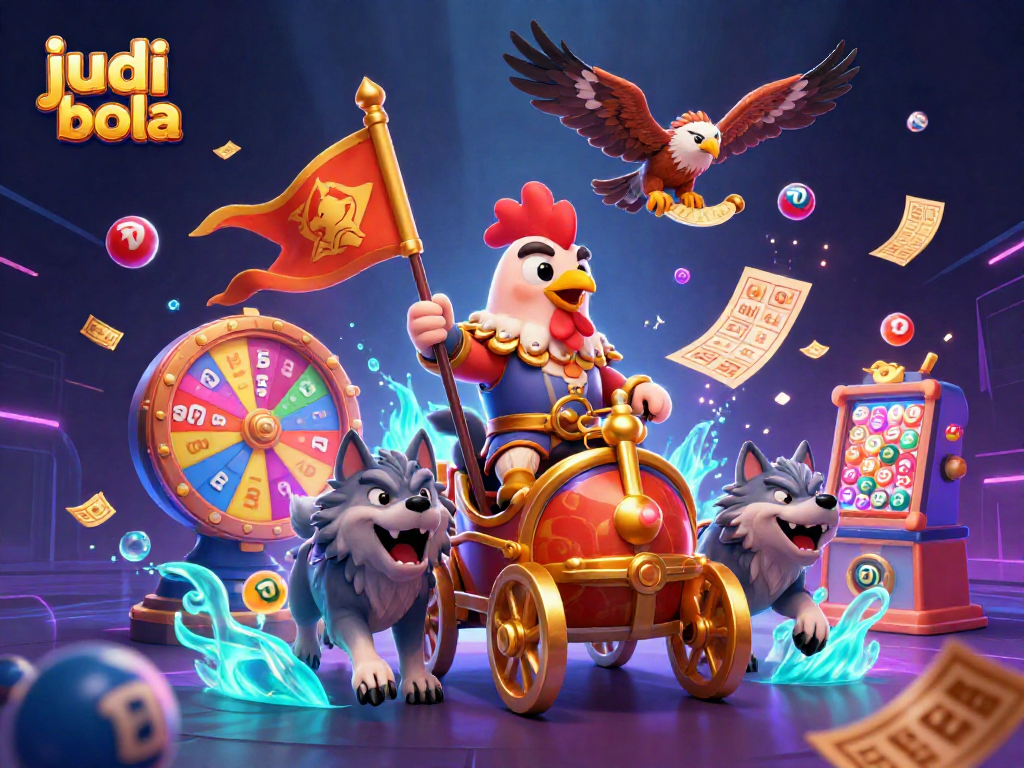 Bet on judi bola with dynamic 3D characters, colorful elements, and a vibrant digital casino scene.