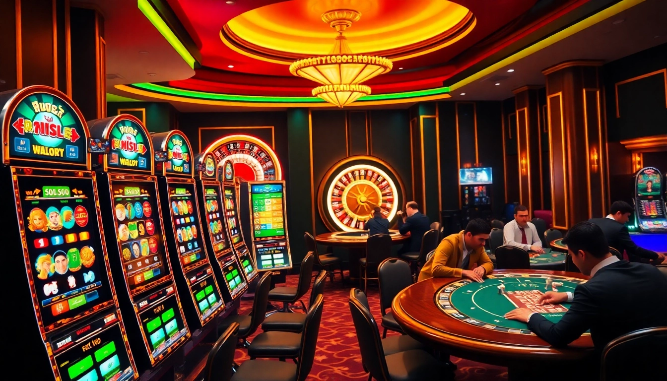 Players enjoying vibrant slot machines at a luxurious casino, showcasing the excitement of onicplay.
