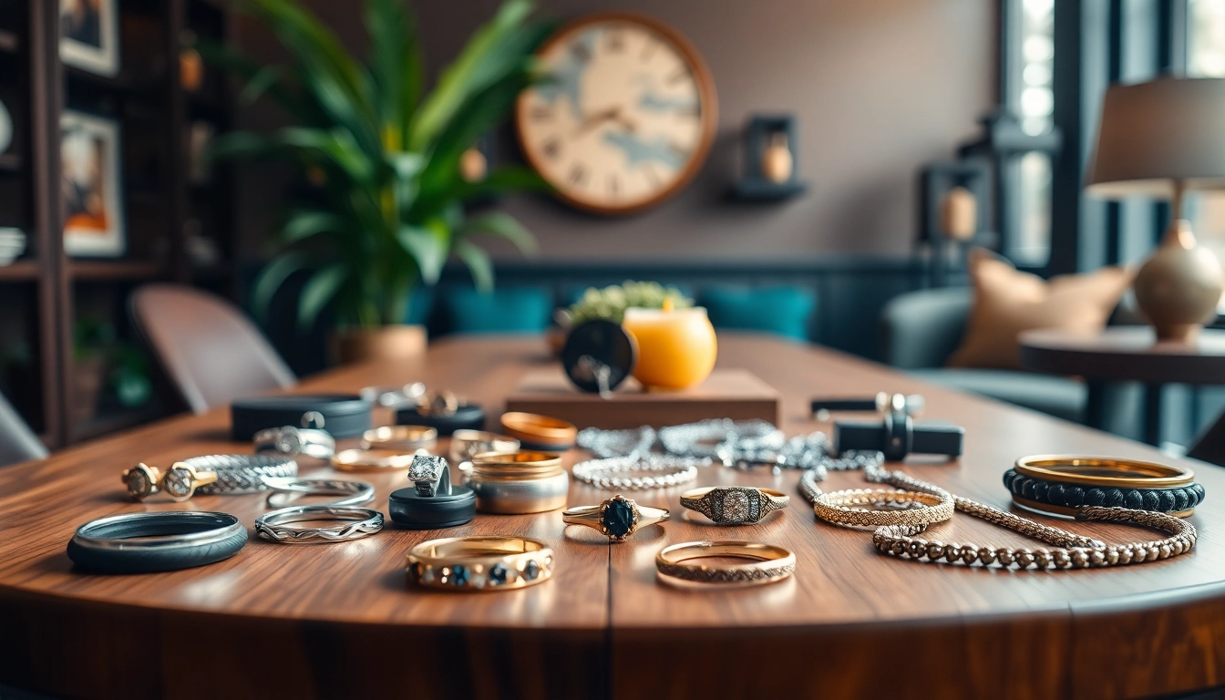Showcase of men's jewelry highlighting stylish rings and bracelets with luxury details.