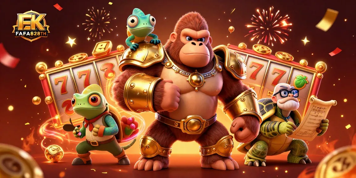 Engage with FAFA828TH's thrilling slot reels featuring a powerful gorilla king and dynamic casino elements.