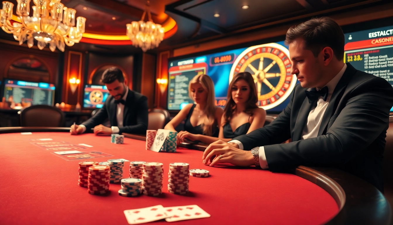 Vivez l'excitation des jeux à enjeux élevés à une table de poker dans un luxueux casino en ligne français 2026 avec des joueurs dynamiques.