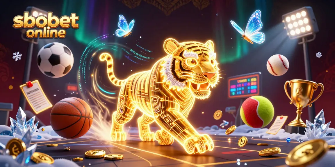 Experience sbobet online betting with a vibrant scene of a golden tiger in a digital sports landscape.