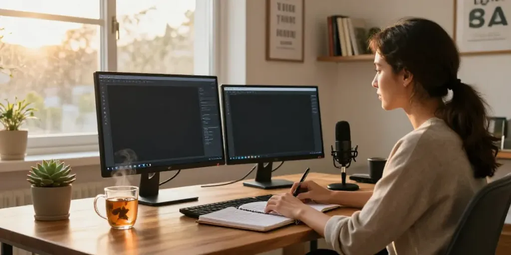 Freelance writer using AI writing tools in a stylish home office