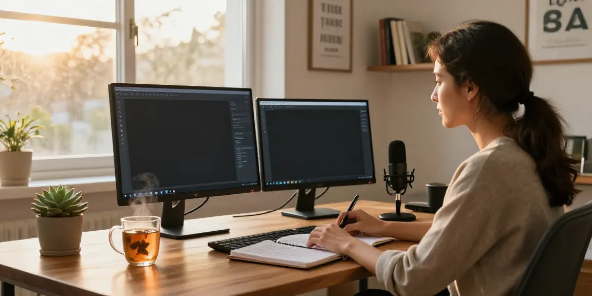 Freelance writer using AI writing tools in a stylish home office