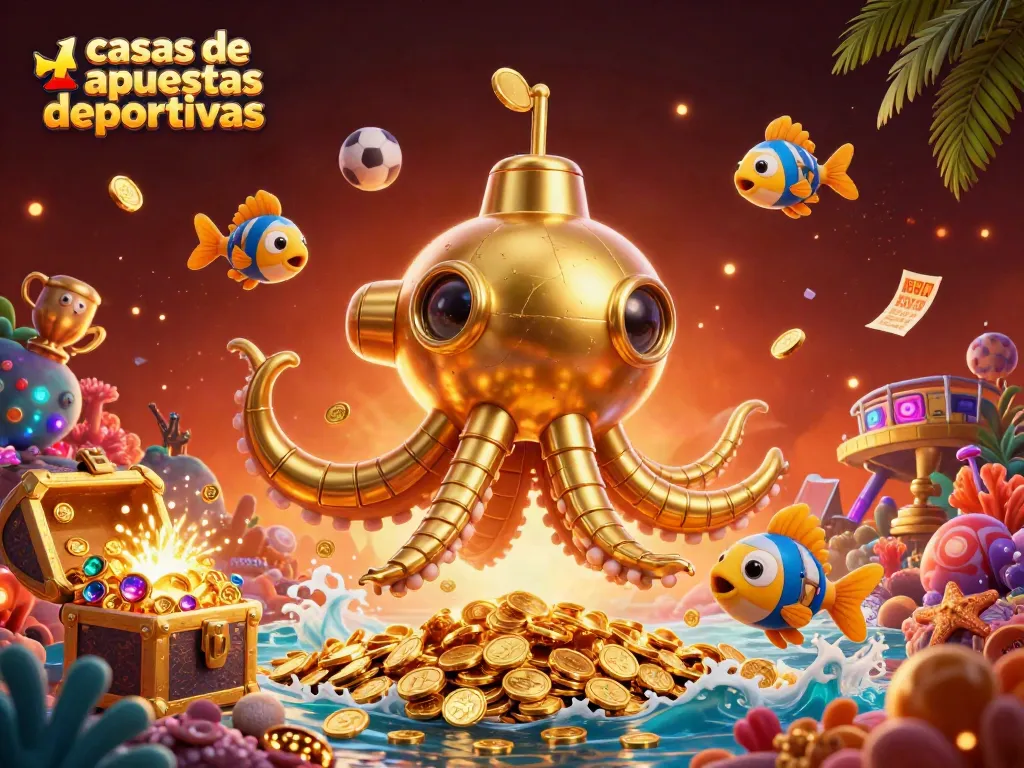 Explora casas de apuestas deportivas con una ilustración 3D de un submarino kraken dorado y elementos deportivos.