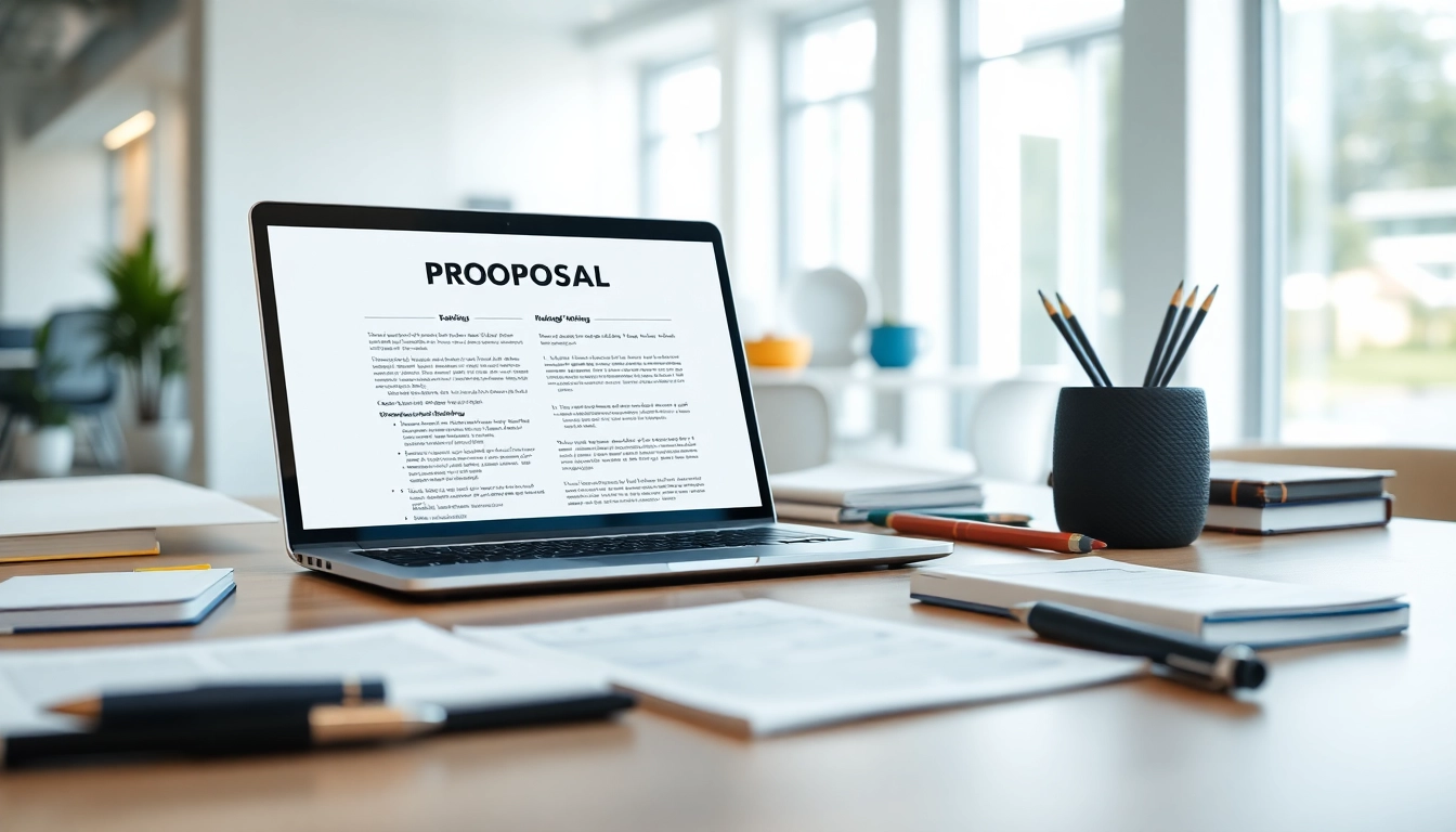 Engaging scene of proposal writing and management tools on a stylish desk, highlighting productivity and organization.