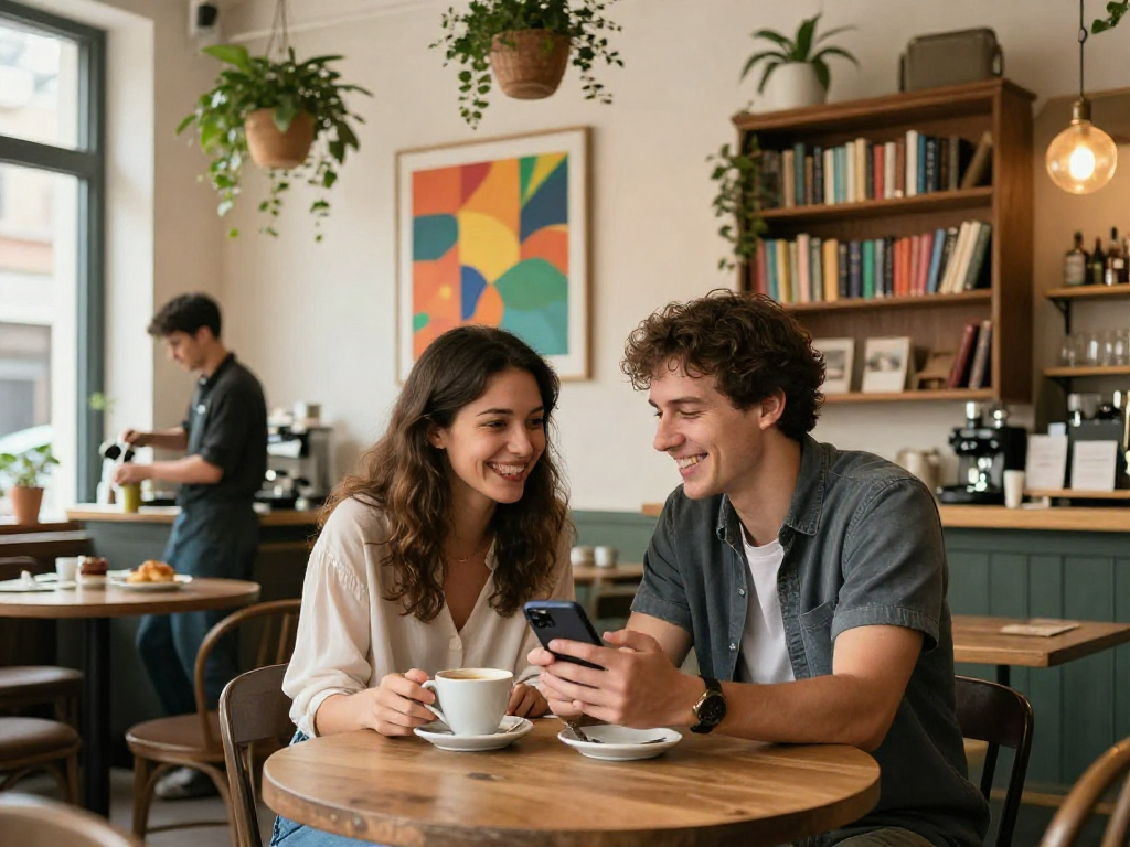 Young couple exploring dating app in a cozy café, showing their crush on each other.